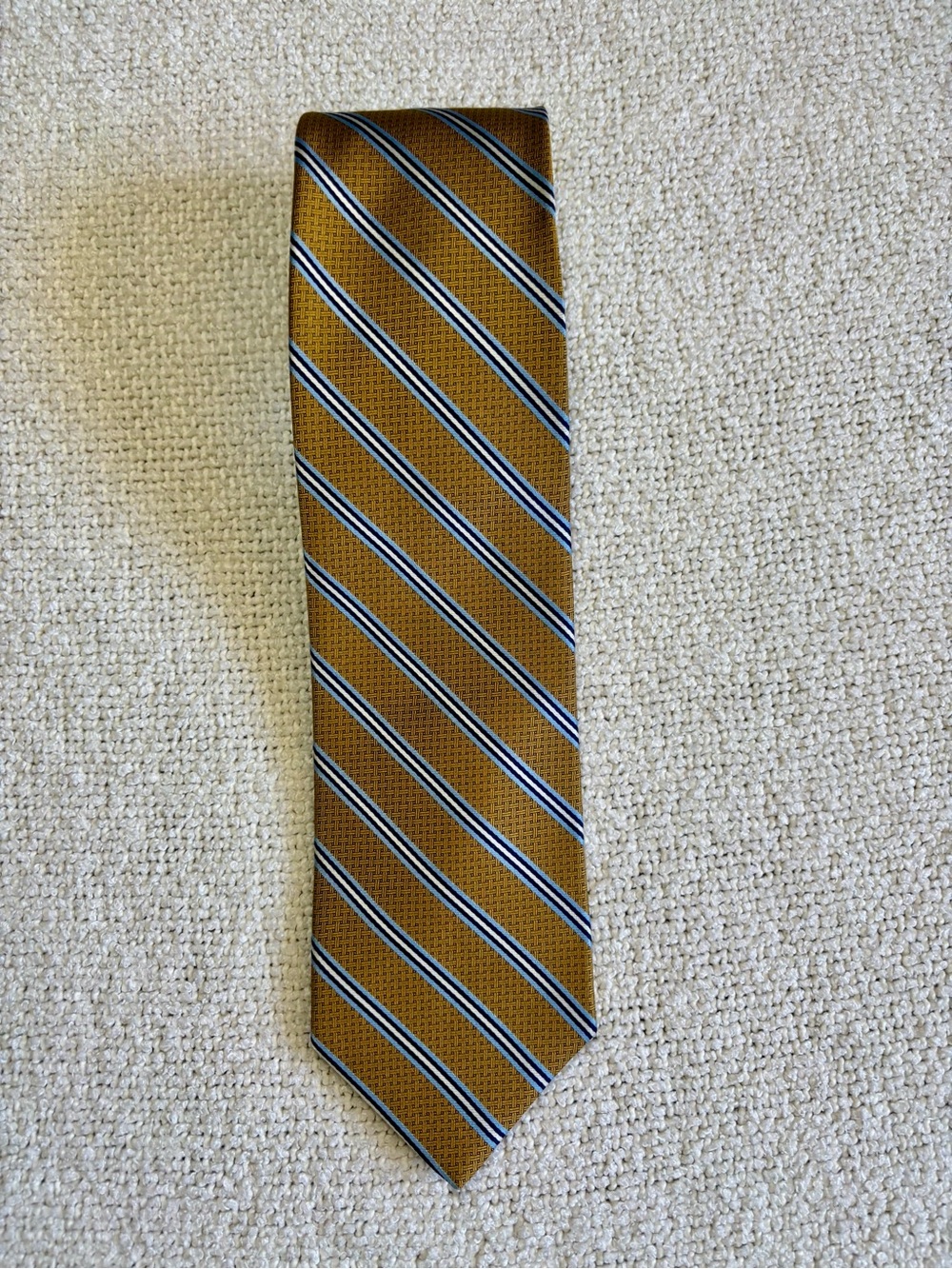 Brooks Brothers Men's Gold Blue White Striped Woven Logo Stain Resistant Tie